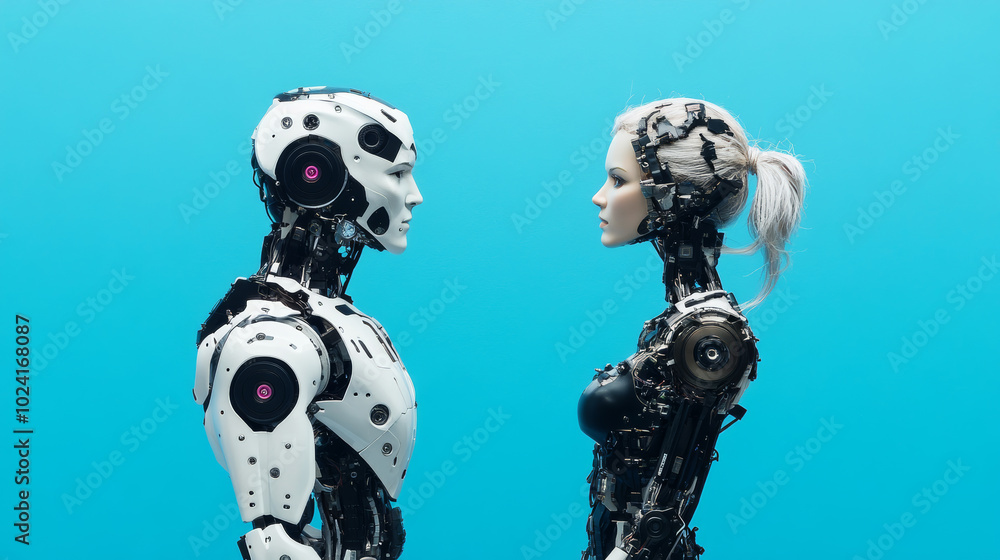 Two robot figures, a man and a woman, stand against a blue background. Their bodies are made of white metal, showing their advanced robotic design. They represent futuristic characters. Two robot figures, a man and a woman, stand against a blue background. Their bodies are made of white metal, showing their advanced robotic design. They represent futuristic characters.