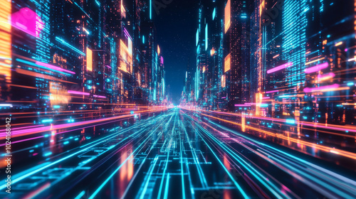 A vibrant, retro-style world made of glowing lines. This poster uses virtual reality (VR) and augmented reality (AR) to showcase the exciting world of digital entertainment.