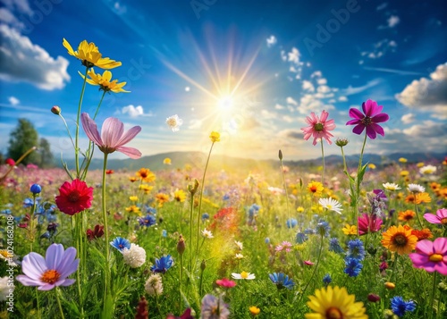 Vibrant Spring Meadow with Colorful Wildflowers and Blue Sky - Bokeh Effect Photography