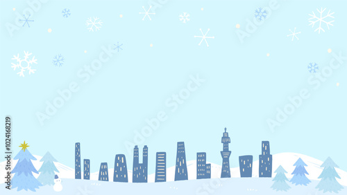Snowing winter city background with buildings, fir trees and snowman, cute hand drawn illustration / 雪が降る冬の都会の背景、ビルとモミの木と雪だるま、かわいい手描きのイラスト