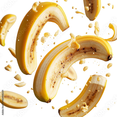 Floating Bananas and Peels in Mid-Air on a Transparent Background photo