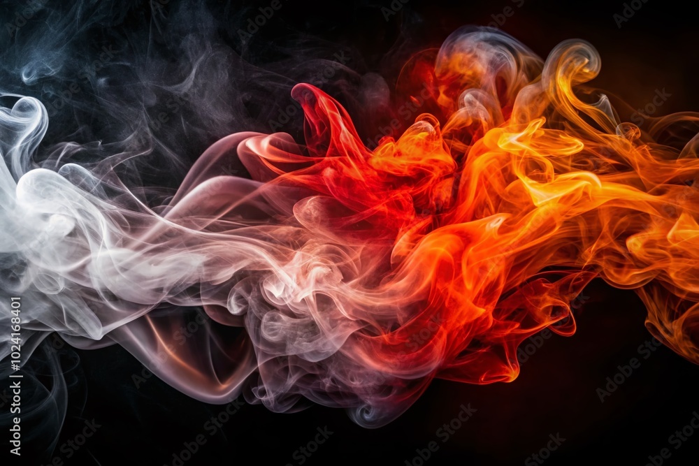 Vibrant swirls of red, orange, and white smoke dance against a dark backdrop, ideal for abstract art and Vibrant swirls of red, orange, and white smoke dance against a dark backdrop, ideal for abstract art and