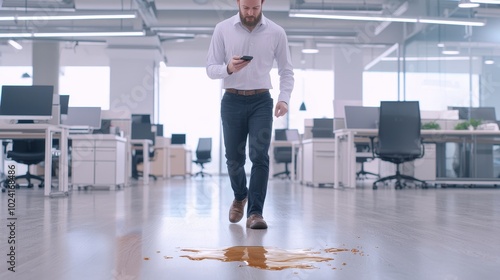 An employee distracted by their phone walking toward spilled liquid in an office demonstrating careless and unsafe behavior photo