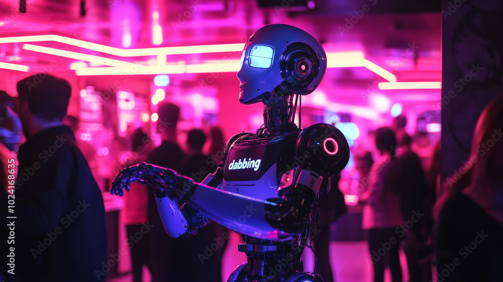 A robot, looking like a person with artificial parts, is dancing at a club. It's doing a popular dance move called A robot, looking like a person with artificial parts, is dancing at a club. It's doing a popular dance move called