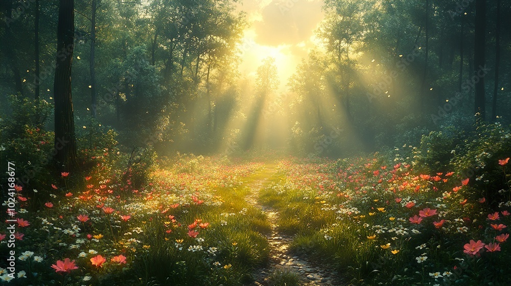 Enchanted Forest Path: Sunbeams Through Lush Meadow Enchanted Forest Path: Sunbeams Through Lush Meadow