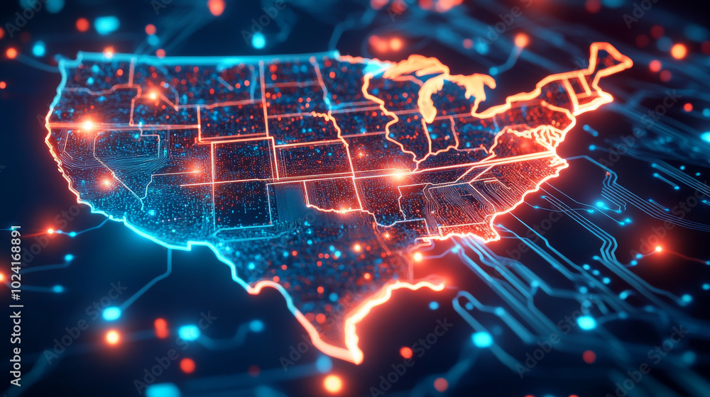 The United States is shown as a circuit board, highlighting its electronics industry.The illustration shows glowing signals traveling through wires and connections, creating a blurry, artistic effect. The United States is shown as a circuit board, highlighting its electronics industry.The illustration shows glowing signals traveling through wires and connections, creating a blurry, artistic effect.