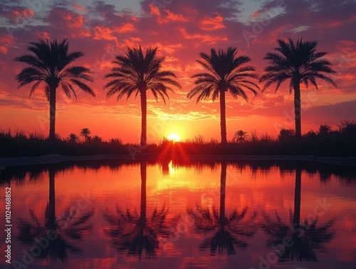 Four palm trees stand tall against a vibrant red sunset, their silhouettes reflected perfectly in a tranquil body of water.