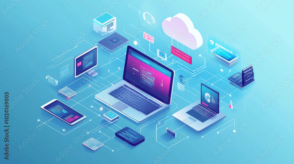 This image shows the world of digital technology, from software development to cloud computing. It includes common devices like laptops, tablets, and phones, and emphasizes user interface design. This image shows the world of digital technology, from software development to cloud computing. It includes common devices like laptops, tablets, and phones, and emphasizes user interface design.