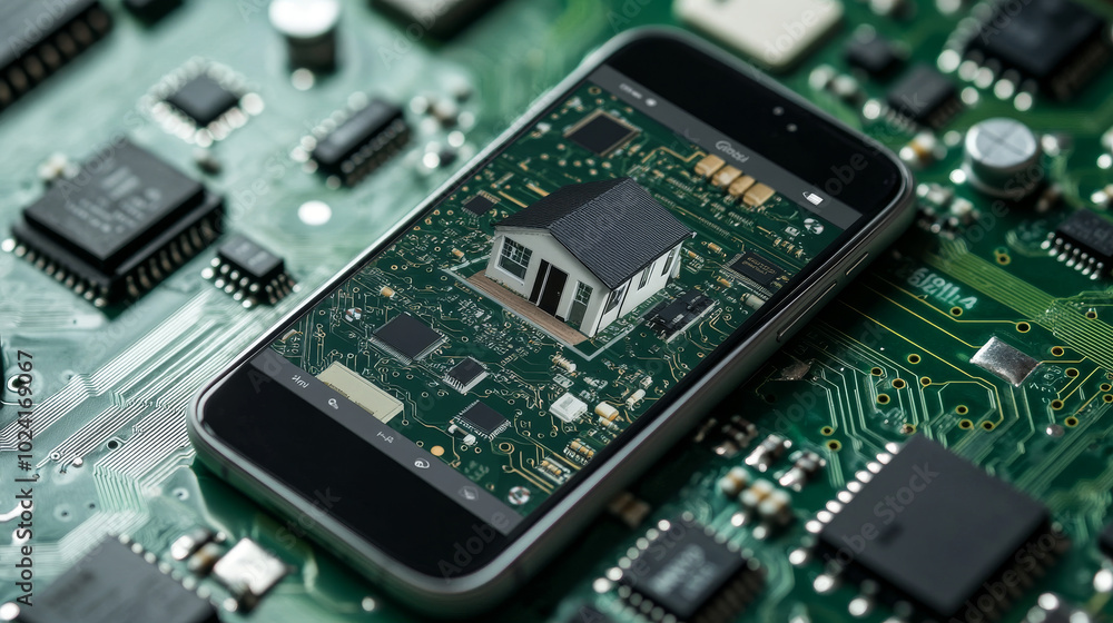 You can use a smartphone app to control your smart home, even when you're away. The app shows you how secure your house is. The image shows a circuit board, like you'd find in electronic devices. You can use a smartphone app to control your smart home, even when you're away. The app shows you how secure your house is. The image shows a circuit board, like you'd find in electronic devices.