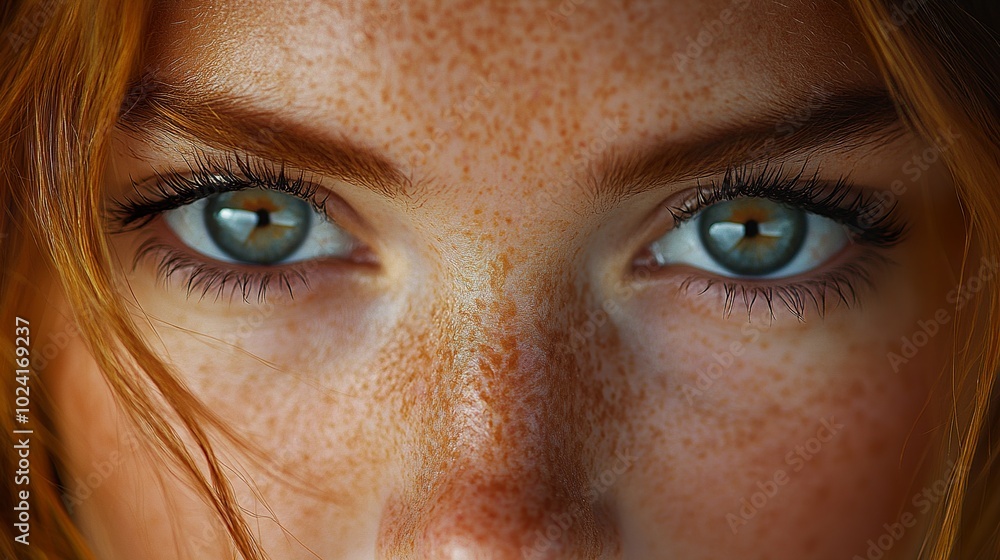 Close-up Portrait of Woman with Freckles and Green Eyes Close-up Portrait of Woman with Freckles and Green Eyes