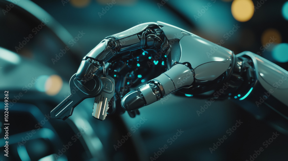 A robot hand holding a car key represents the idea of self-driving cars, a futuristic concept. A robot hand holding a car key represents the idea of self-driving cars, a futuristic concept.