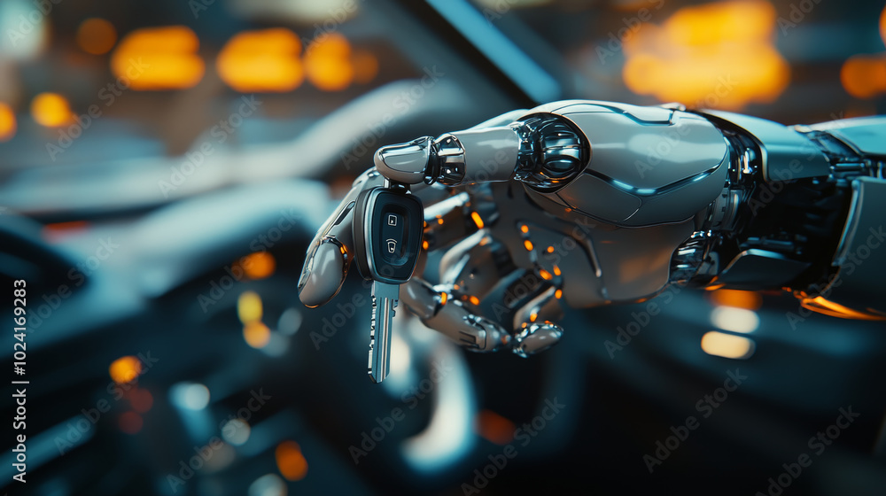 A robot hand holding a car key represents the idea of self-driving cars, a futuristic concept. A robot hand holding a car key represents the idea of self-driving cars, a futuristic concept.