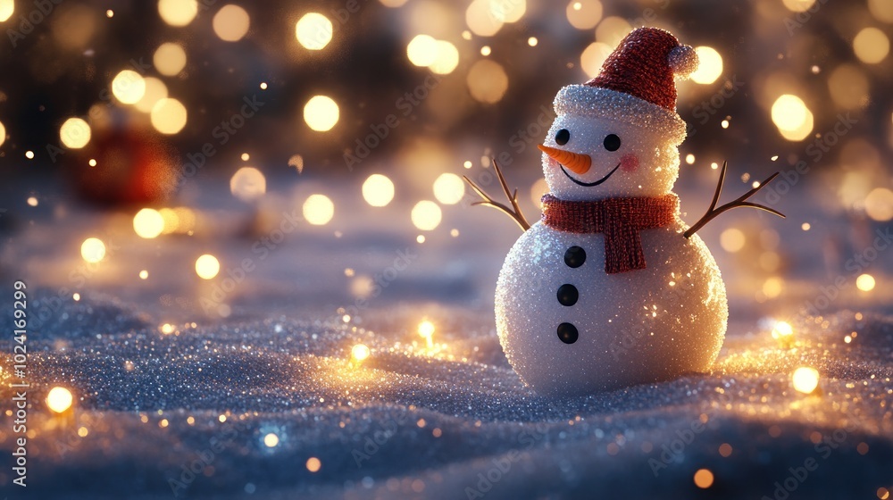 A Snowman in a Red Hat and Scarf on a Glittering Snow-Covered Landscape A Snowman in a Red Hat and Scarf on a Glittering Snow-Covered Landscape