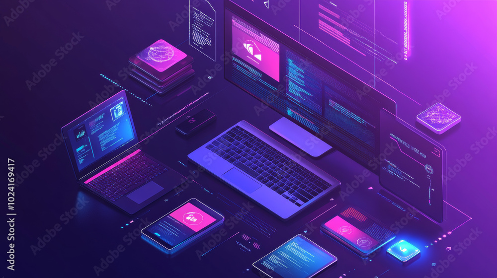 A picture of a computer setup with a desktop, laptop, and phone. It includes symbols related to technology, design elements for apps, and tools used to make software for computers and phones. A picture of a computer setup with a desktop, laptop, and phone. It includes symbols related to technology, design elements for apps, and tools used to make software for computers and phones.