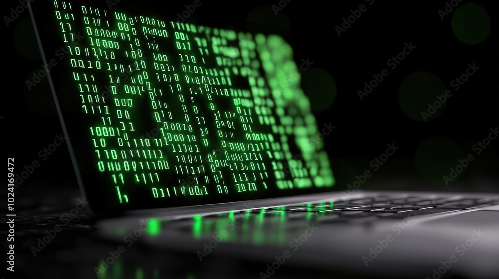 Futuristic Green Binary Code on Laptop Screen with Depth of Field Futuristic Green Binary Code on Laptop Screen with Depth of Field