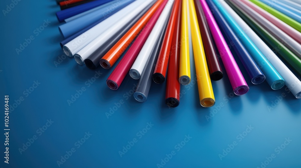 Colorful Roll of Craft Materials on Blue Background Colorful Roll of Craft Materials on Blue Background