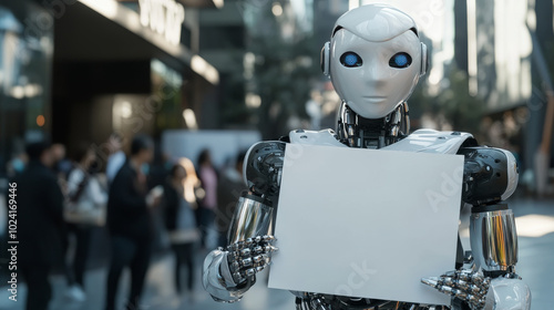 A woman-shaped robot holds a blank sign. This robot is powered by artificial intelligence (AI).  It's used for presenting business reports and giving speeches about AI. photo