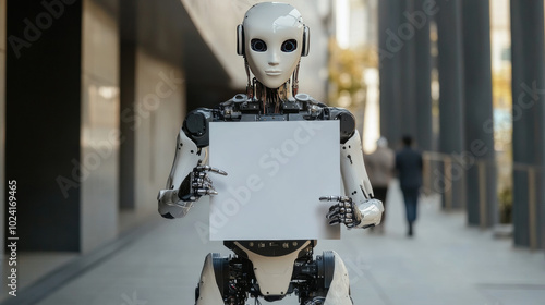 A woman-shaped robot holds a blank sign. This robot is powered by artificial intelligence (AI).  It's used for presenting business reports and giving speeches about AI. photo