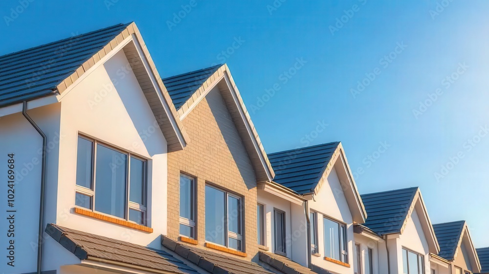 Modern Townhouses with Grey Roofs and Blue Sky Real Estate Architecture Modern Townhouses with Grey Roofs and Blue Sky Real Estate Architecture