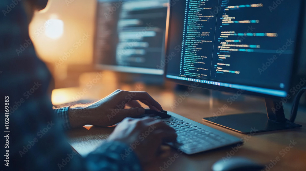 This image shows someone working on a computer, writing code to build software. They're designing the look and feel of a website or app. It represents the world of technology and online businesses. This image shows someone working on a computer, writing code to build software. They're designing the look and feel of a website or app. It represents the world of technology and online businesses.