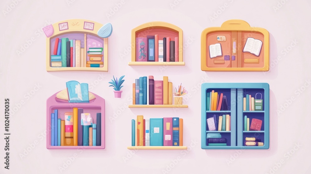E-library for kids vector set, showcasing digital bookshelves and interactive reading experiences E-library for kids vector set, showcasing digital bookshelves and interactive reading experiences