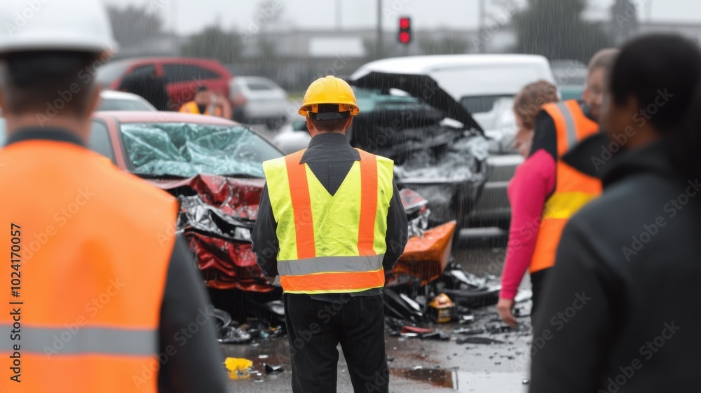 Emergency responders assess a severe car accident scene, showcasing the importance of safety and quick action in crisis situations. Emergency responders assess a severe car accident scene, showcasing the importance of safety and quick action in crisis situations.