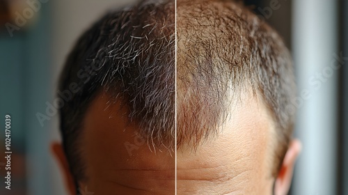 Before-and-after close-up of a man's hairline, highlighting the increase in hair density and coverage post-transplant, Photorealistic, Natural Lighting, High Detail photo