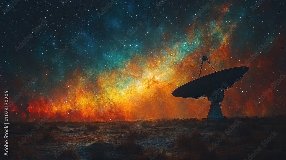 A silhouette of a large radio telescope against a stunning night sky filled with stars and a colorful nebula. A silhouette of a large radio telescope against a stunning night sky filled with stars and a colorful nebula.