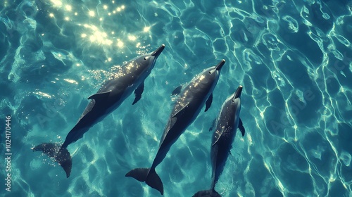 Playful Dolphins in Crystal-Clear Water: A small pod of dolphins swims gracefully near the ocean surface, with rays of sunlight filtering through the clear water, creating a sparkling effect. The