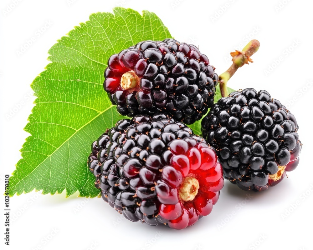 Mulberries. Closeup of Fresh Ripe Red Mulberries with Leaves on White Background Mulberries. Closeup of Fresh Ripe Red Mulberries with Leaves on White Background