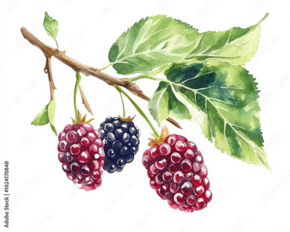 Mulberry: Ripe Healthy Berry with Foliage on Clean Background Mulberry: Ripe Healthy Berry with Foliage on Clean Background