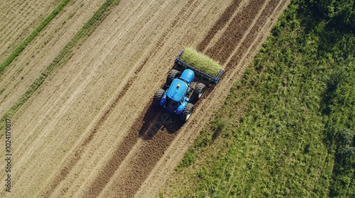 Mowed Field. Blue Tractor with Hay Tedder at Work in Agricultural Field, Aerial Side View photo