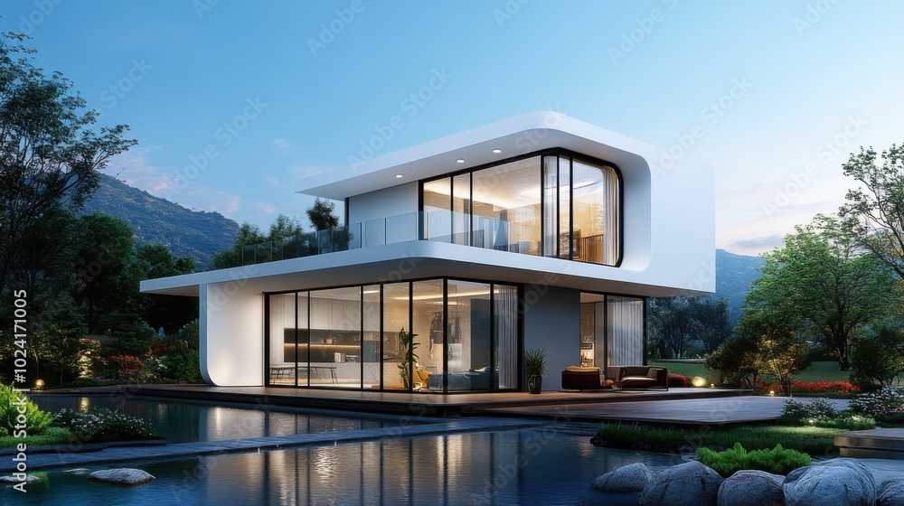 Fototapeta premium Modern Villa with Unique Geometry and Scenic Landscape