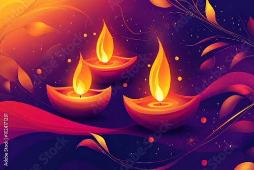 A vibrant illustration of glowing oil lamps against a colorful abstract background, symbolizing the Diwali festival celebration.