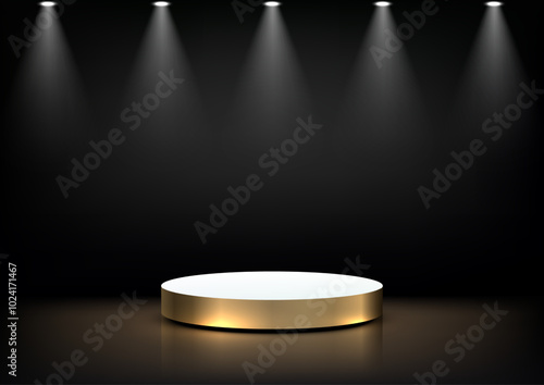 Gold podium highlighted by spotlights against a dark background, luxury product display, award ceremonies