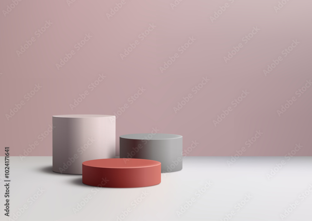 Cylindrical Podiums on White Surface with Soft Pink Backdrop, Product Display and Mockup, Modern and Elegant Stage for Presentations Cylindrical Podiums on White Surface with Soft Pink Backdrop, Product Display and Mockup, Modern and Elegant Stage for Presentations