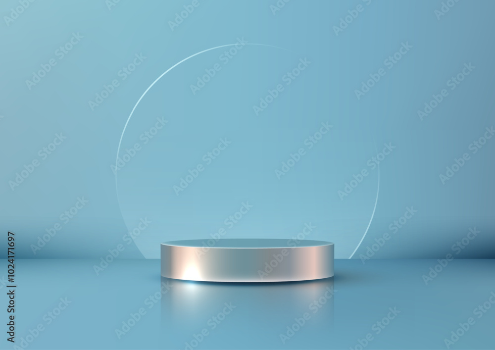 Mockup of a 3D Metallic Podium with Circular Glass Dome on Blue Background, Luxury Product Display in Minimalist and Modern Design for Elegant Showcase Mockup of a 3D Metallic Podium with Circular Glass Dome on Blue Background, Luxury Product Display in Minimalist and Modern Design for Elegant Showcase