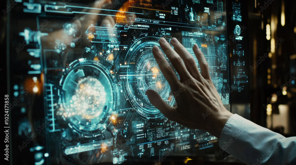 Scientists are using a futuristic holographic display to control advanced technology. Their hands interact with virtual elements on a digital dashboard, showing incredible scientific data. Scientists are using a futuristic holographic display to control advanced technology. Their hands interact with virtual elements on a digital dashboard, showing incredible scientific data.