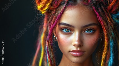 Close-up portrait of a young woman with colorful dreadlocks.