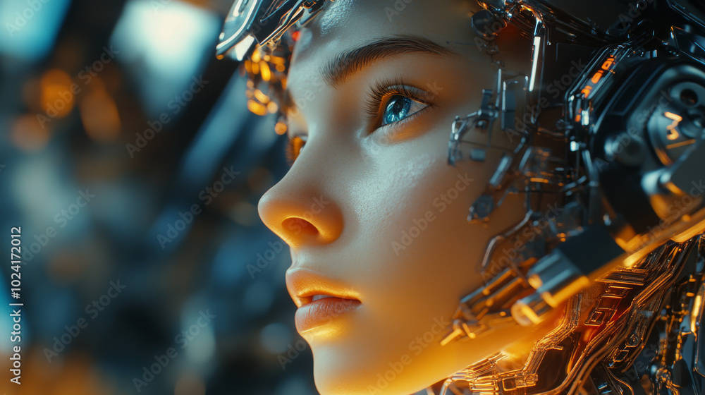 A cyborg girl with a computer brain is a futuristic example of artificial intelligence. This image shows how machine learning technology could create a robot with advanced thinking abilities. A cyborg girl with a computer brain is a futuristic example of artificial intelligence. This image shows how machine learning technology could create a robot with advanced thinking abilities.