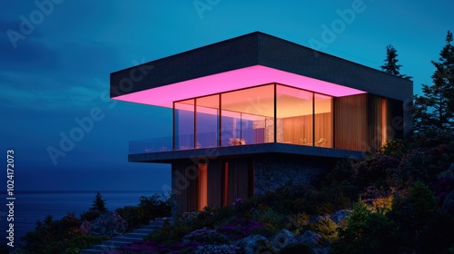 Modern Glass House with Pink LED Lights at Night