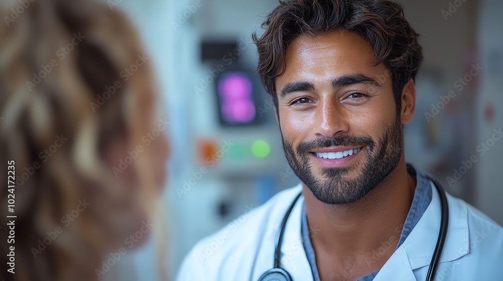 A male doctor smiles warmly at a patient during a consultation in a hospital setting. A male doctor smiles warmly at a patient during a consultation in a hospital setting.