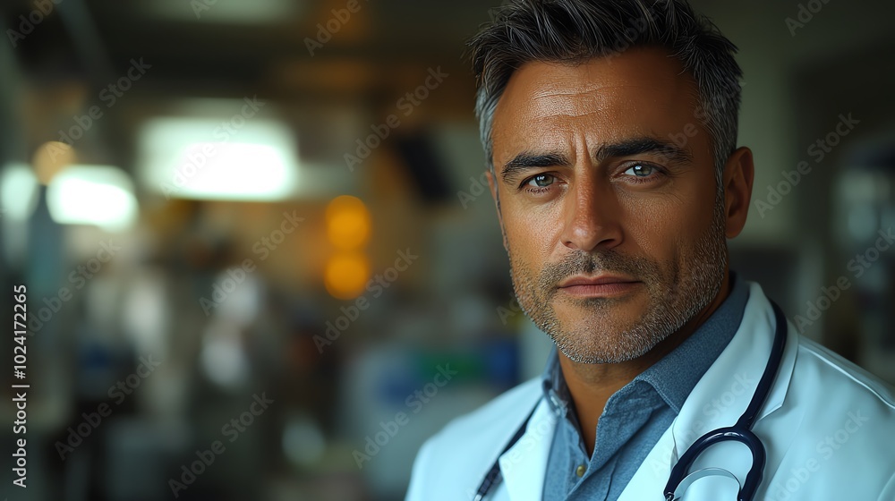 A serious male doctor in a white coat and stethoscope looks directly at the camera. He is in a hospital setting. A serious male doctor in a white coat and stethoscope looks directly at the camera. He is in a hospital setting.