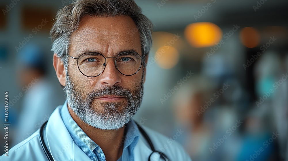 A serious-looking male doctor in a white coat and stethoscope, with a gray beard and glasses, looks directly at the camera. A serious-looking male doctor in a white coat and stethoscope, with a gray beard and glasses, looks directly at the camera.