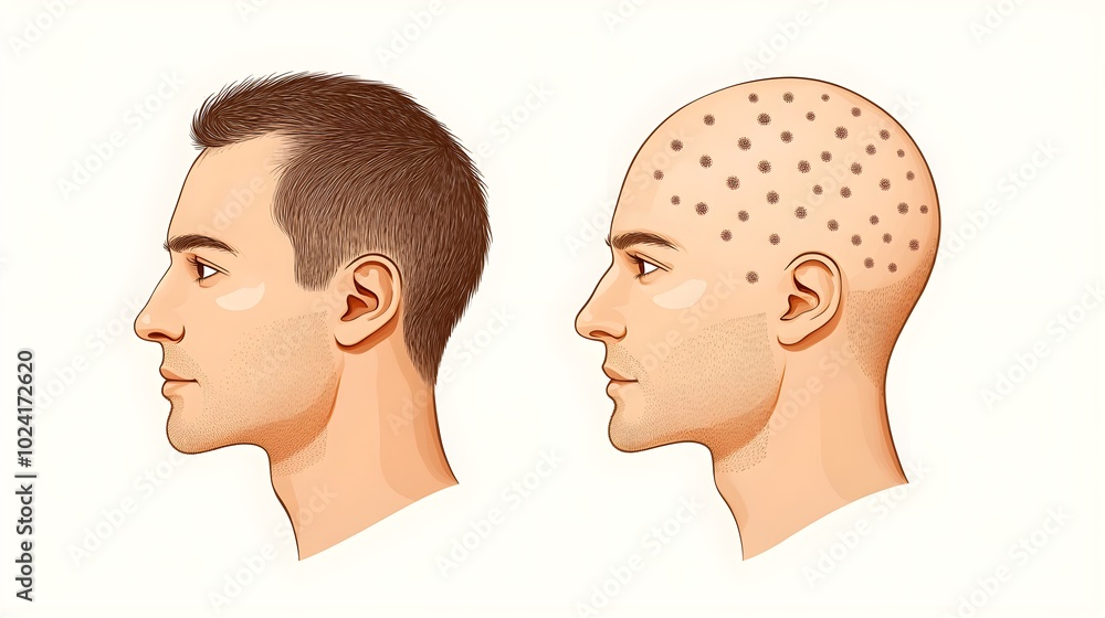 Side-by-side head comparisons in an infographic, showing hair thinning to regrowth, structured timeline format, Photorealistic, Neutral Background Side-by-side head comparisons in an infographic, showing hair thinning to regrowth, structured timeline format, Photorealistic, Neutral Background
