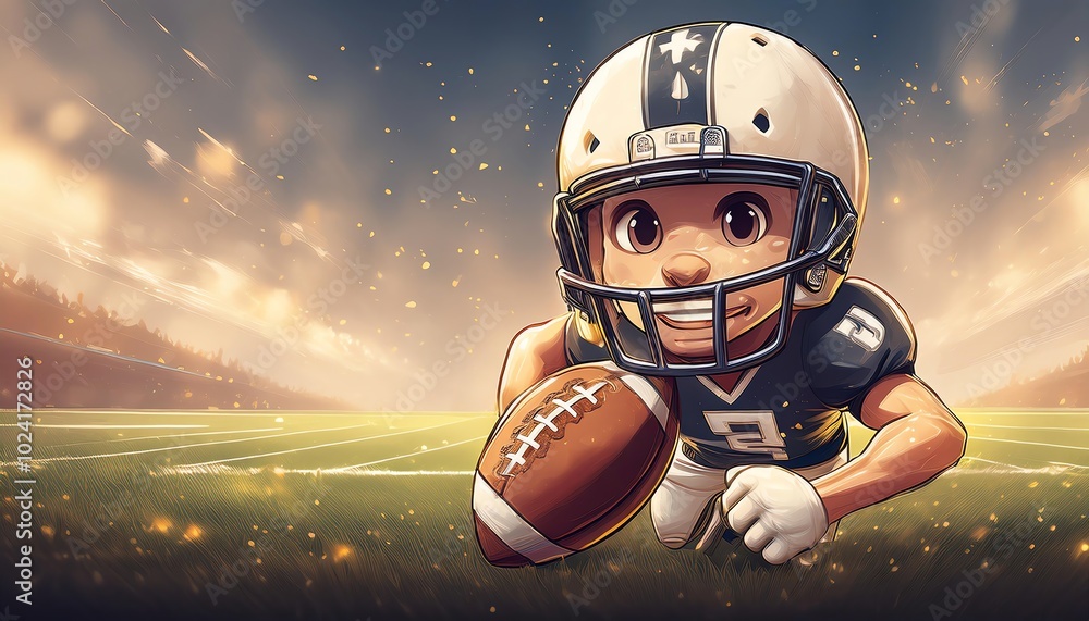 A young cartoon character in a football helmet, gripping a football, appears determined on a bright, grassy field, emphasizing sportsmanship and enthusiasm. A young cartoon character in a football helmet, gripping a football, appears determined on a bright, grassy field, emphasizing sportsmanship and enthusiasm.