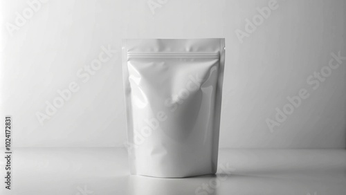 Minimalist white packaging pouch on a plain background with shallow depth of field