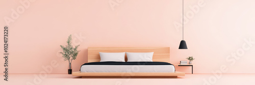 Minimalist bedroom with a wooden bed, a pendant light, and a plant.