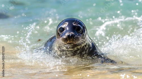 Seal Pup Swimming Playfully Near the Shore: A seal pup is splashing in the shallow waters near the coastline, where the water is clear and the sandy seabed is visible. The seal's playful expression photo