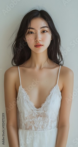 Young woman in a soft, white lace dress with a calm expression